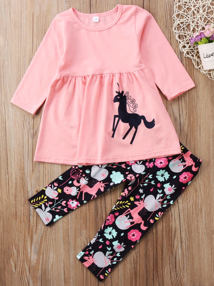 

lovely Casual O Neck Print Pink Girl Two-piece Pants Set