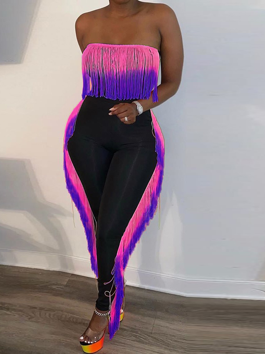 

lovely Stylish Dew Shoulder Tassel Design Pink Two Piece Pants Set