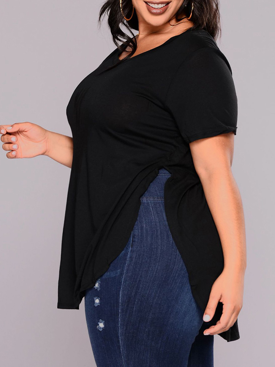 

Lovely Casual O Neck Side Slit Black Plus Size T-shirt