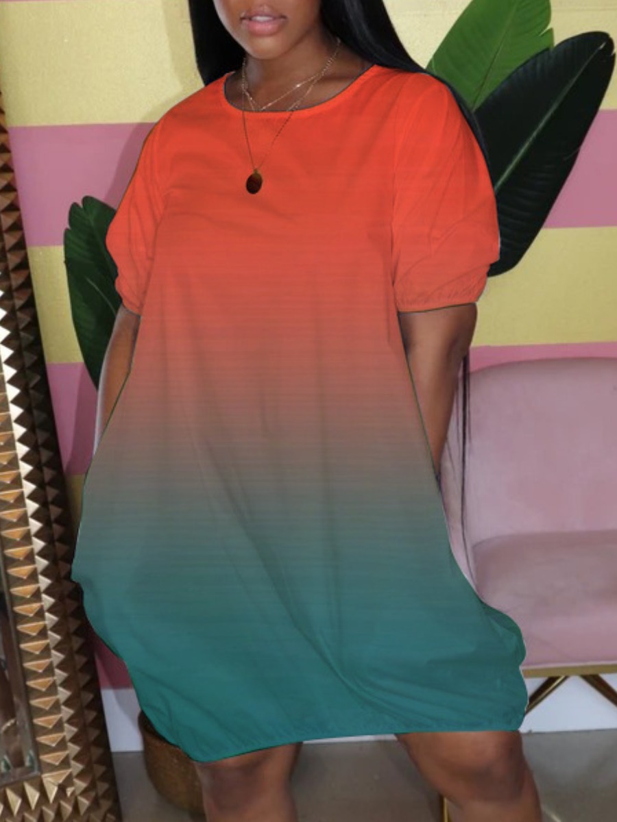 

Lovely Casual O Neck Gradient Jacinth Knee Length Dress
