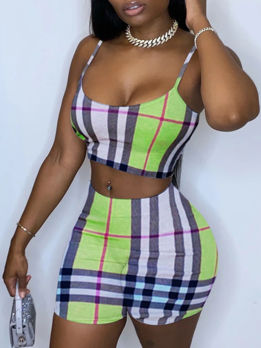 

Lovely Stylish Spaghetti Strap Grid Print Green Two Piece Shorts Set