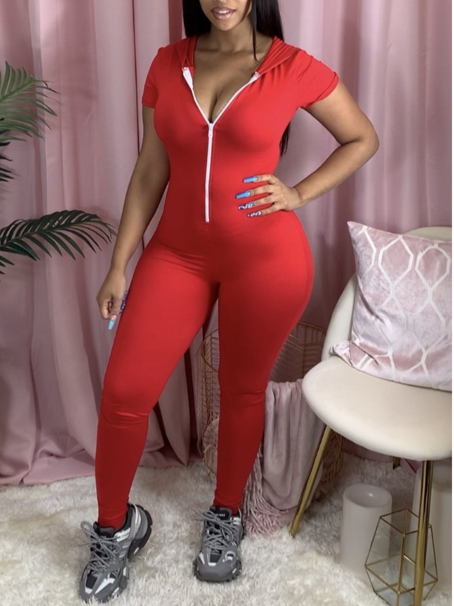 

lovely Sportswear Hooded Collar Zipper Design Red One-piece Jumpsuit