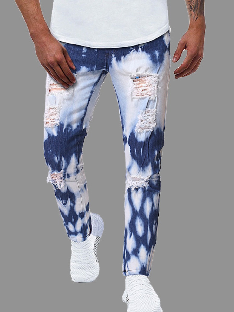 

lovely Street Broken Holes Tie-dye White Jeans