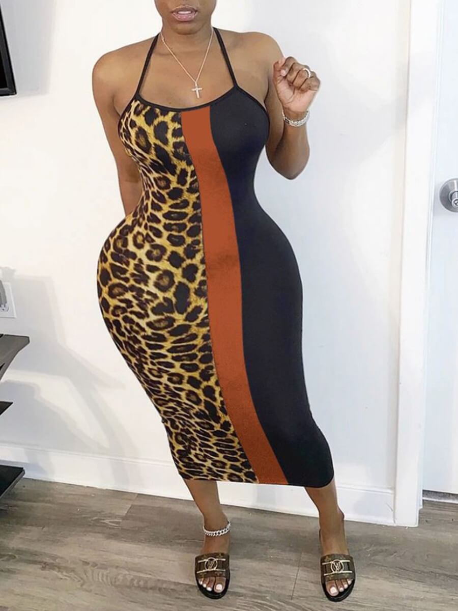 

LW SXY Plus Size Backless Print Patchwork Black Mid Calf Dress