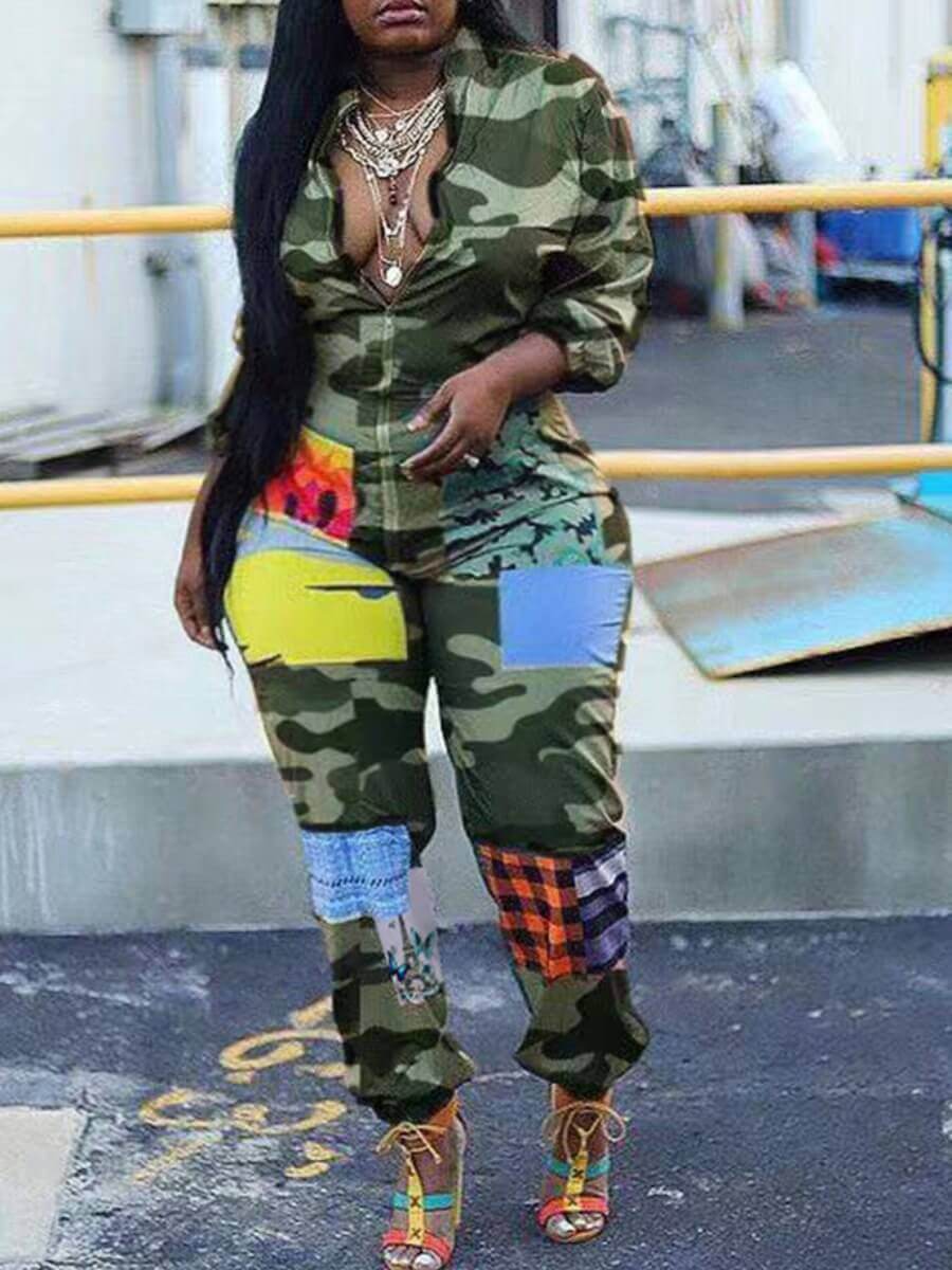 

LW Zipper Design Camo Print Jumpsuit