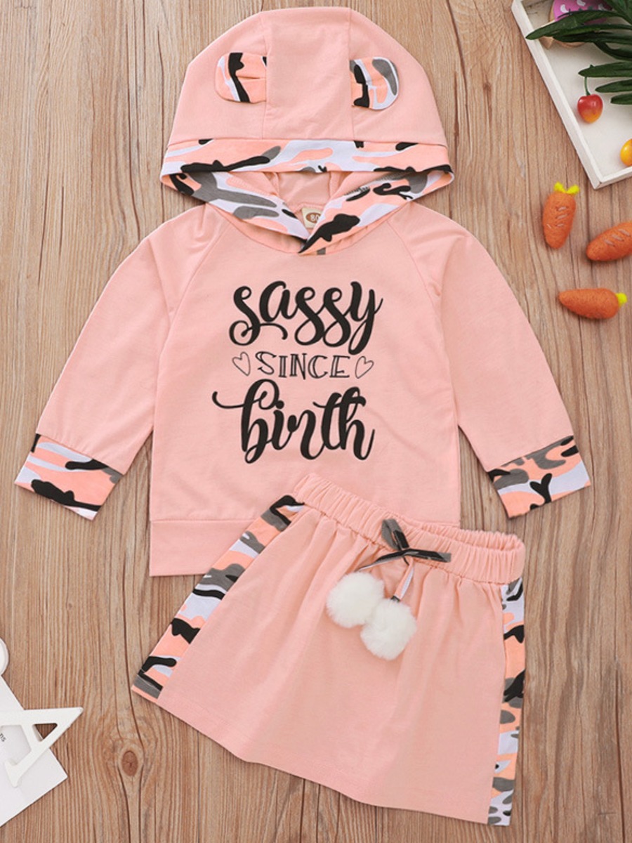 

lovely Casual O Neck Letter Print Patchwork Pink Girl Two-piece Skirt Set