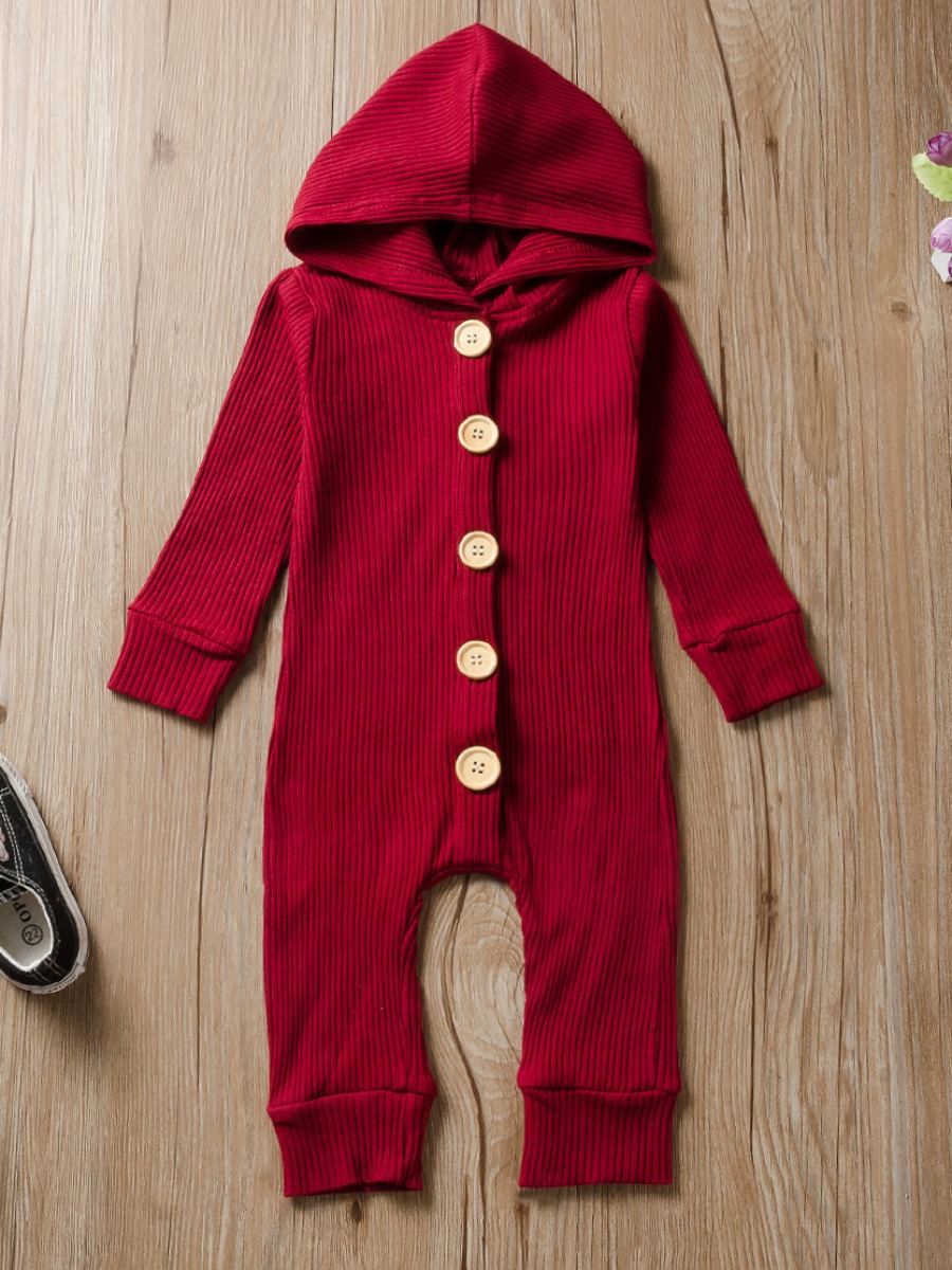 

lovely Trendy Hooded Collar Buttons Design Red Girl One-piece Jumpsuit