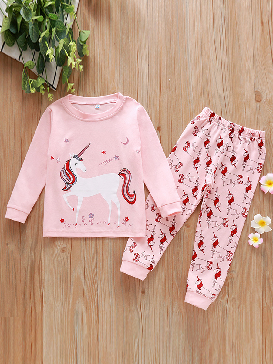 

lovely Leisure O Neck Cartoon Print Pink Girl Two-piece Pants Set