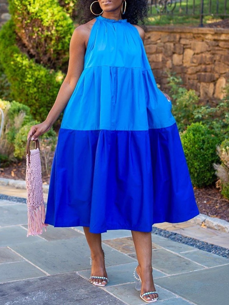 

Lovely Casual Gradient Fold Design Blue Mid Calf Dress