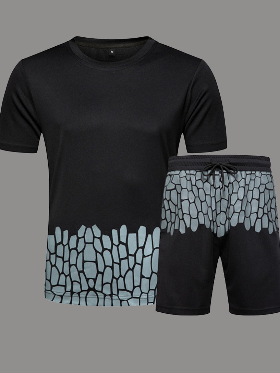 

Men lovely Leisure O Neck Print Black Two-piece Shorts Set