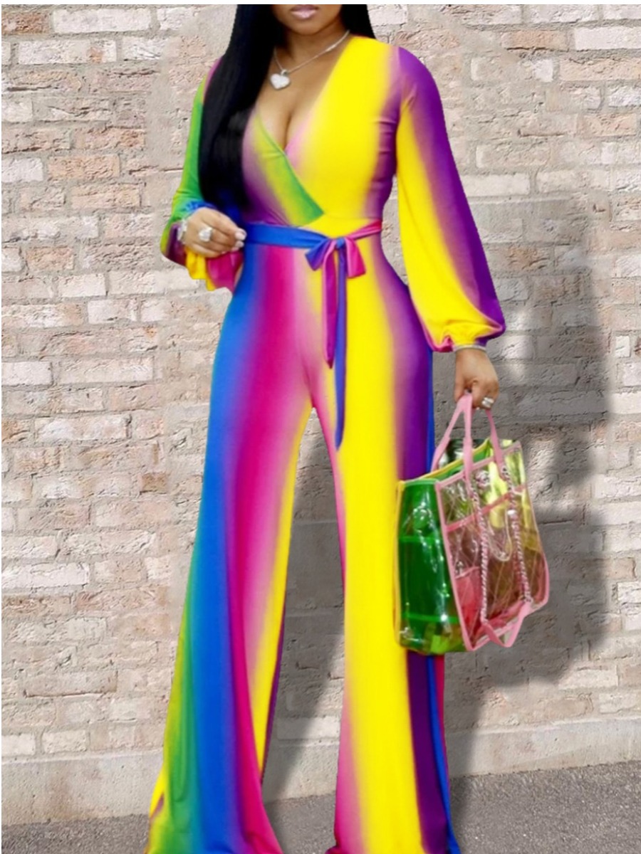 

lovely Trendy V Neck Tie-dye Striped Purple One-piece Jumpsuit, Purple stripes