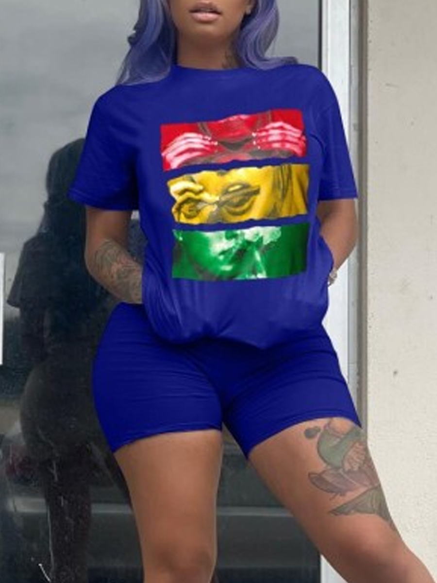 

lovely Leisure O Neck Print Blue Plus Size Two-piece Shorts Set