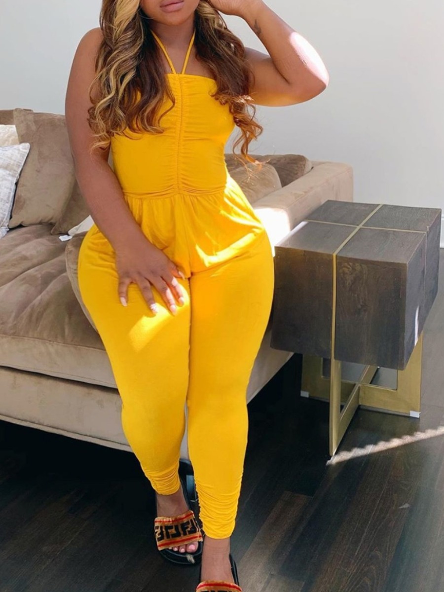 

lovely Trendy Fold Design Yellow One-piece Jumpsuit
