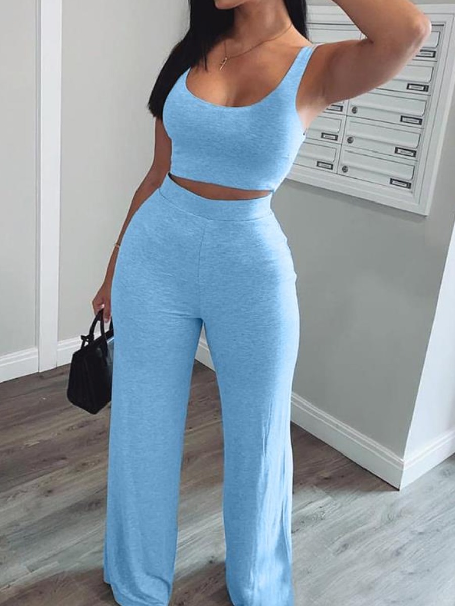 LW BASICS Sportswear U Neck Blue Pants Set