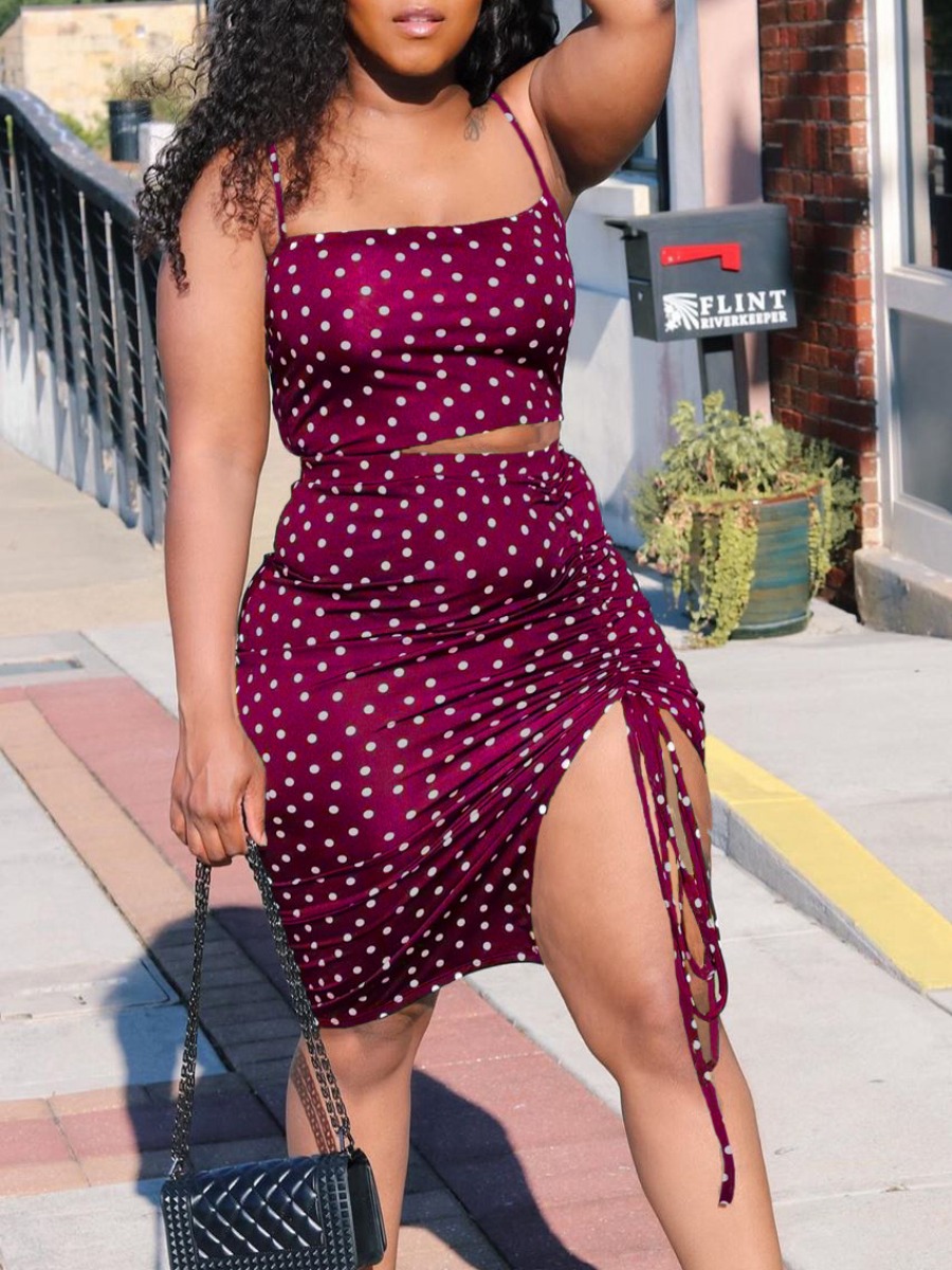 

lovely Trendy Spaghetti Strap Dot Print Fold Design Purplish Red Two Piece Skirt Set