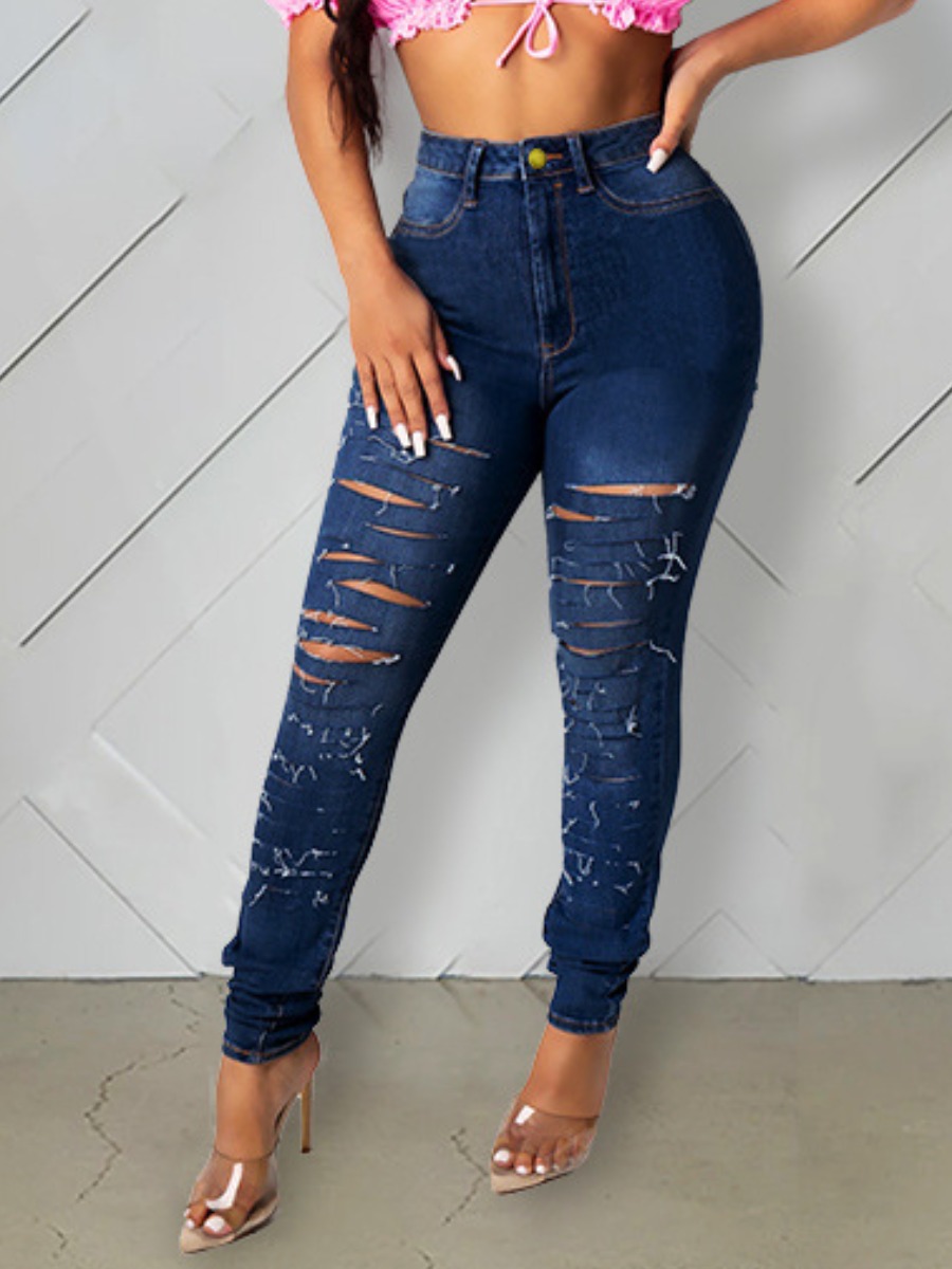 

lovely Street Broken Holes Skinny Deep Blue Jeans