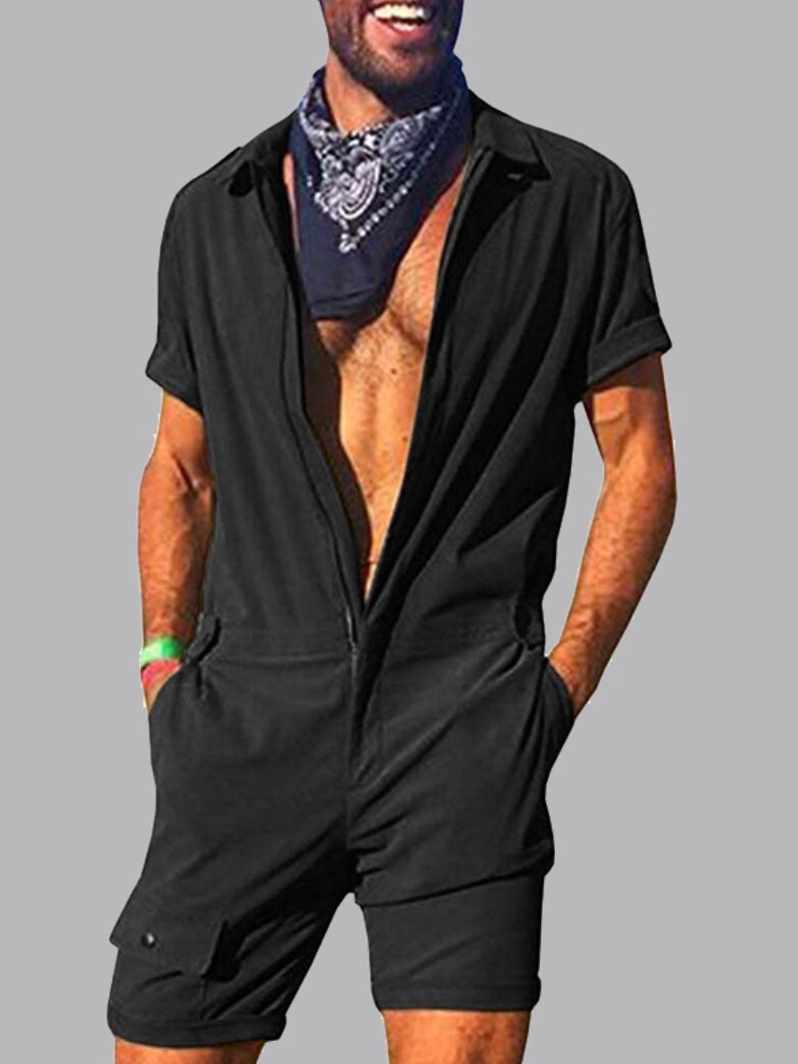 

lovely Trendy Turndown Collar Zipper Design Black One-piece Romper