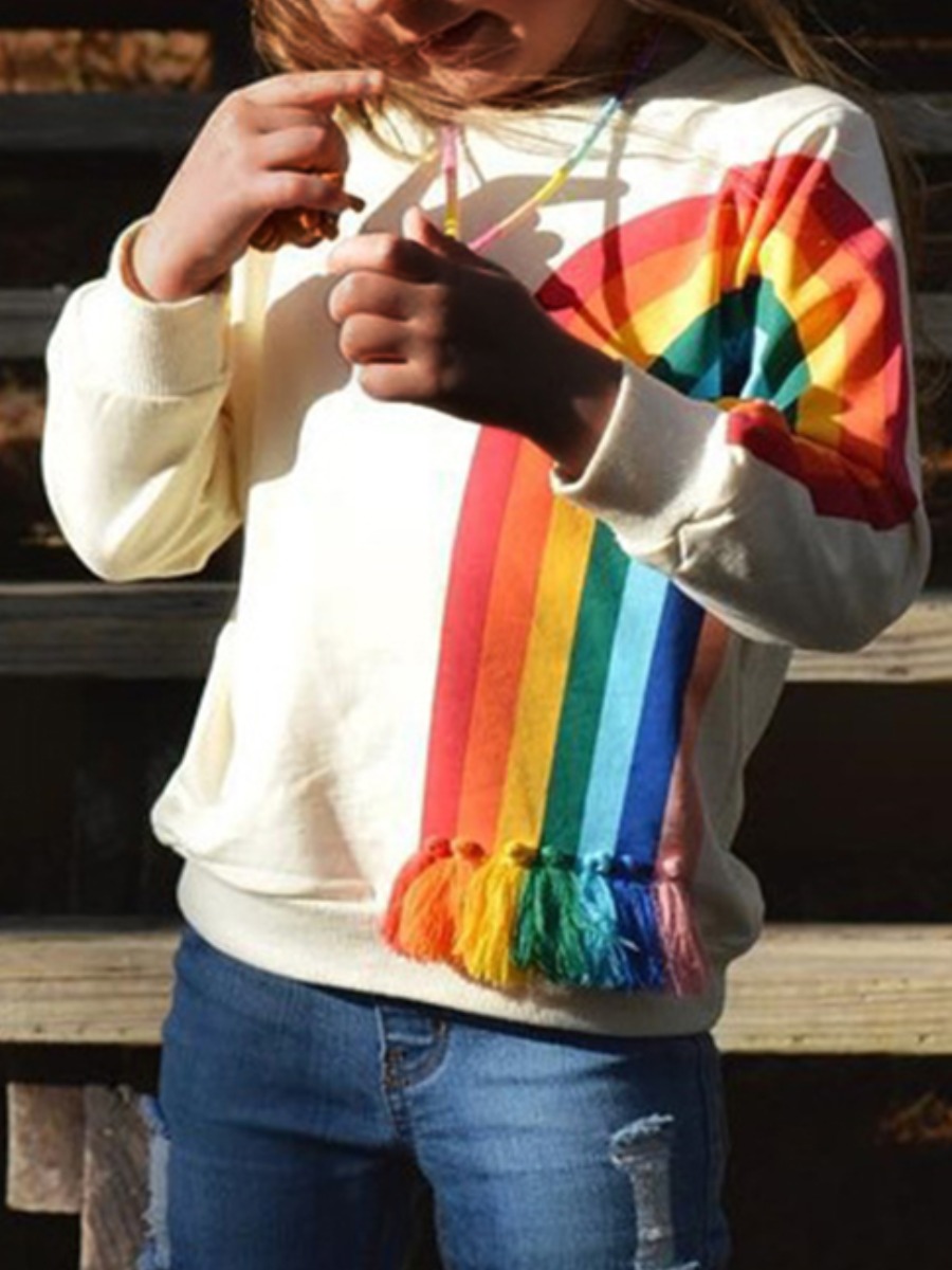 

lovely Casual O Neck Rainbow Striped Yellow Girl Hoodie