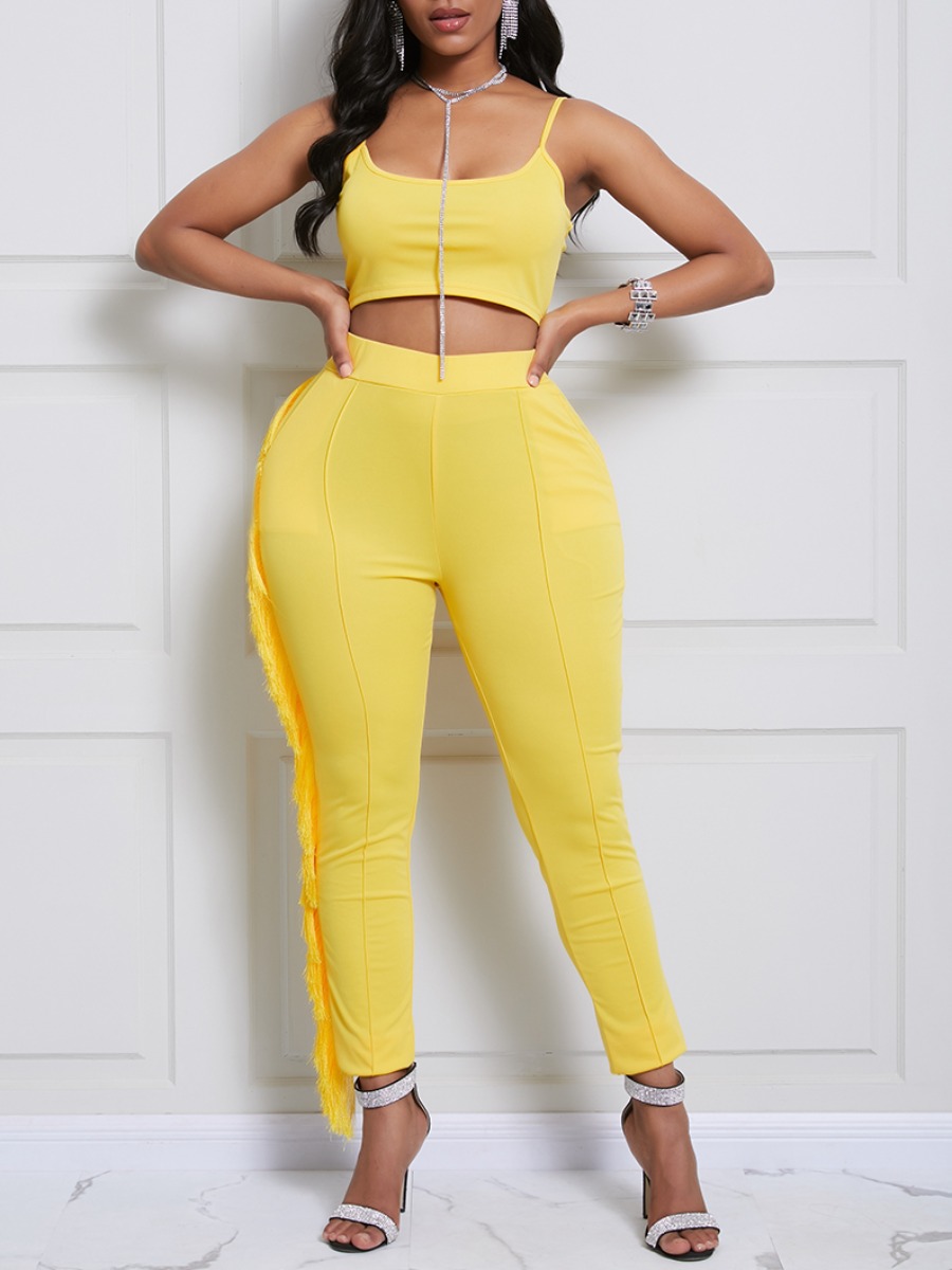 

lovely Trendy Spaghetti Strap Tassel Design Yellow Two Piece Pants Set