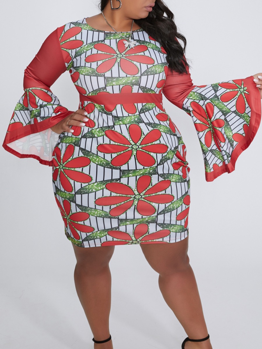 

lovely Casual O Neck Plants Print Red Knee Length Plus Size Dress