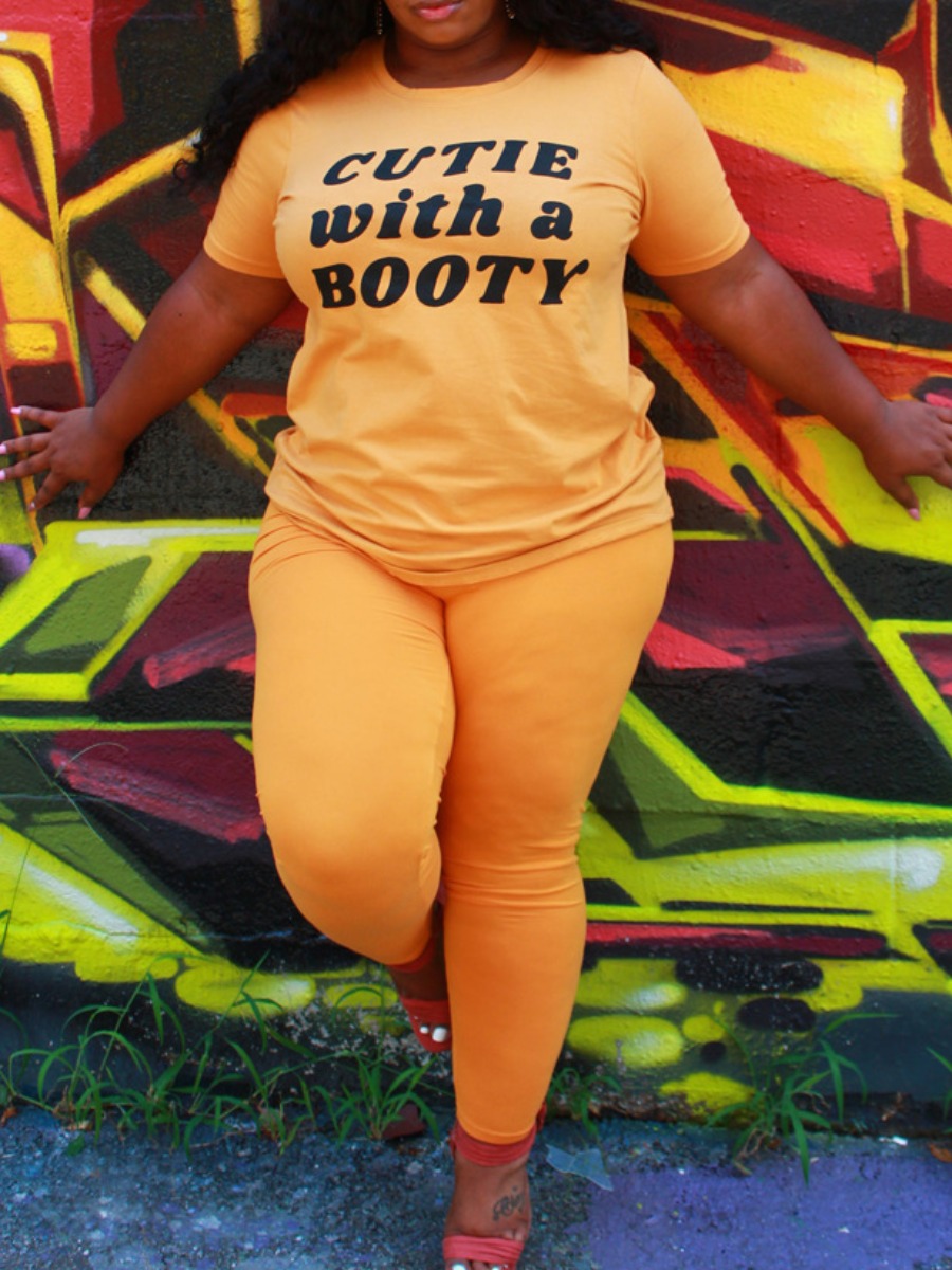 

lovely Sportswear O Neck Letter Print Croci Plus Size Two-piece Pants Set