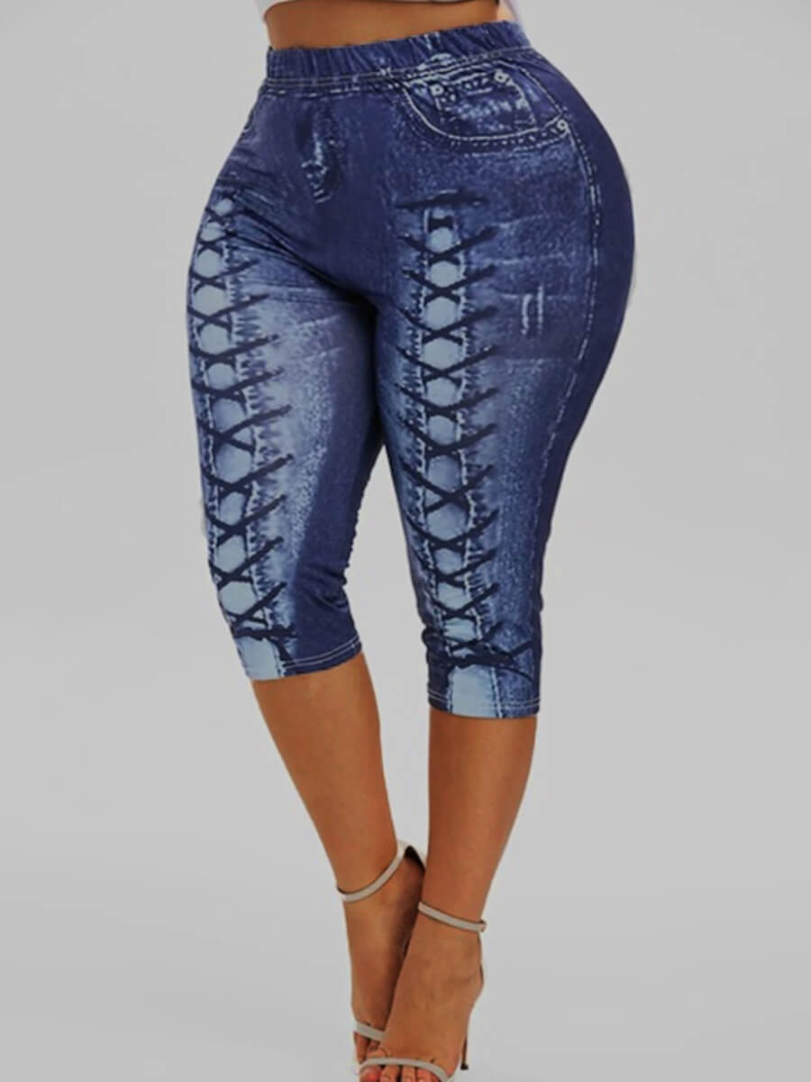 

Lovely Trendy Bandage Design Deep Blue Plus Size Pants