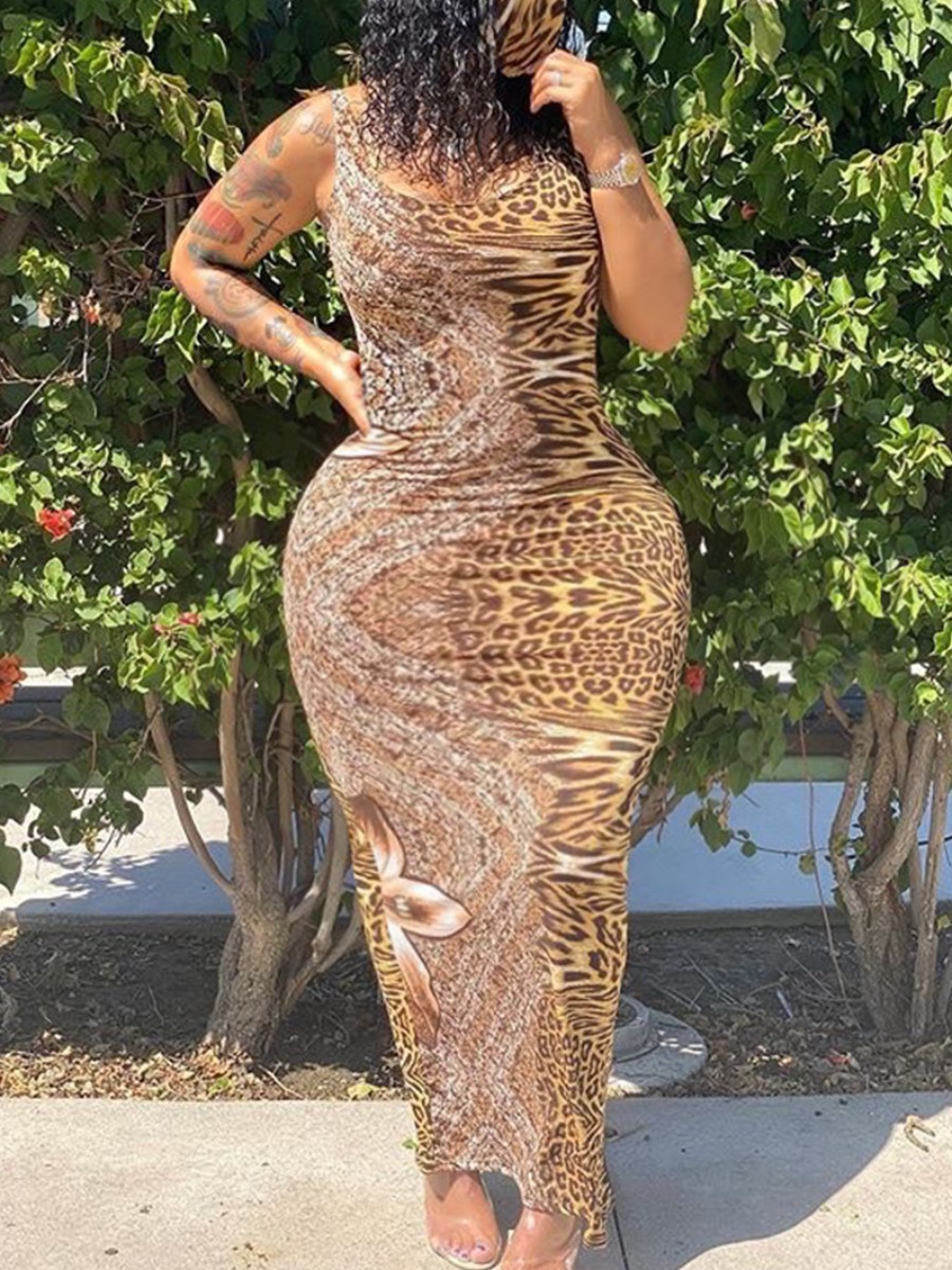 

Lovely Street Spaghetti Strap Leopard Print Ankle Length Plus Size Dress