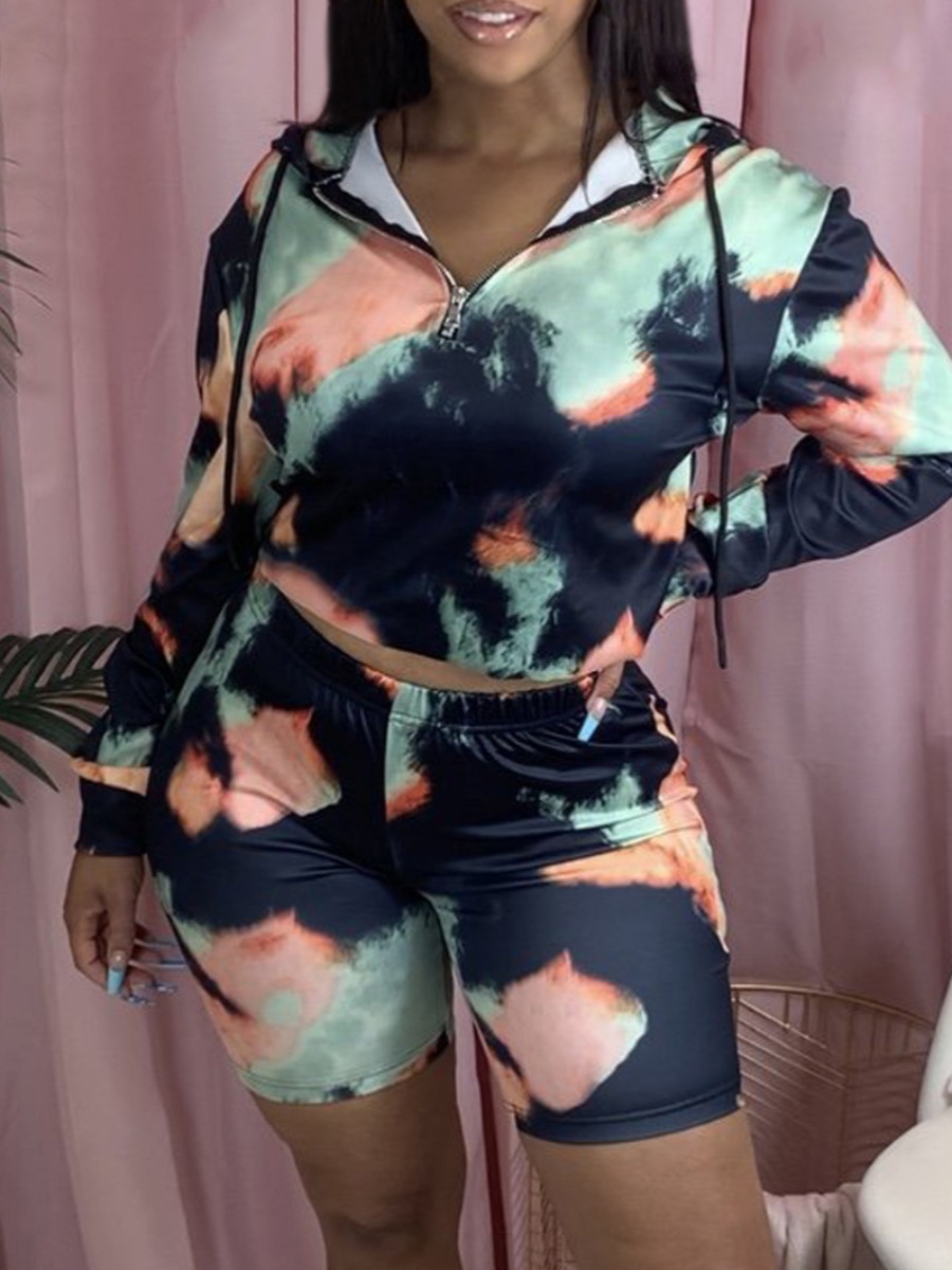 

lovely Stylish Hooded Collar Tie Dye Black Two Piece Shorts Set