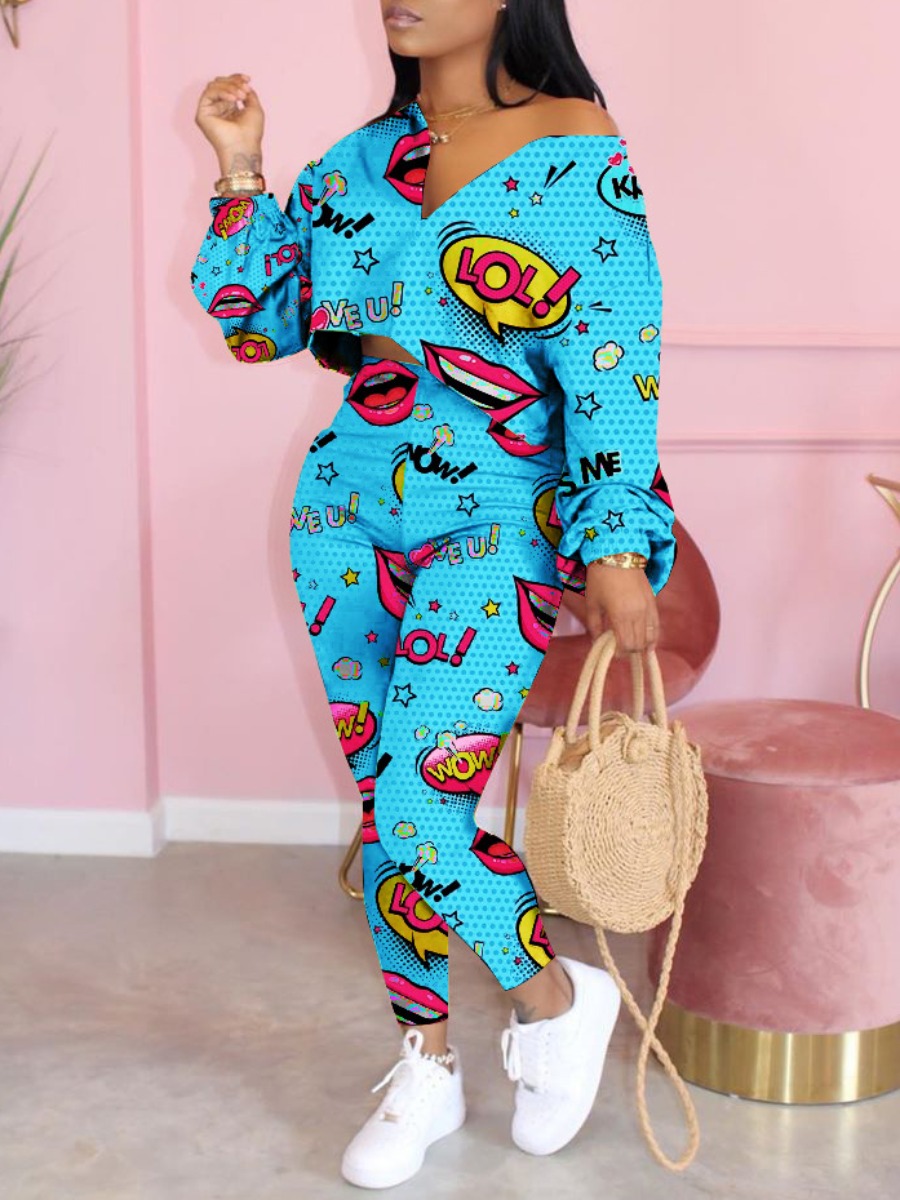 

lovely Leisure V Neck Lip Print Blue Two Piece Pants Set