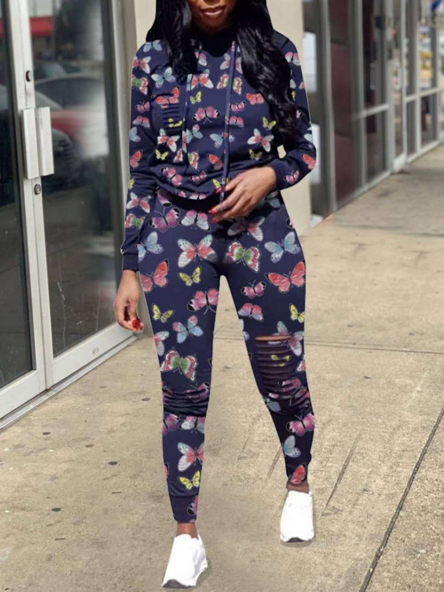 

lovely Stylish O Neck Butterfly Print Deep Blue Two Piece Pants Set
