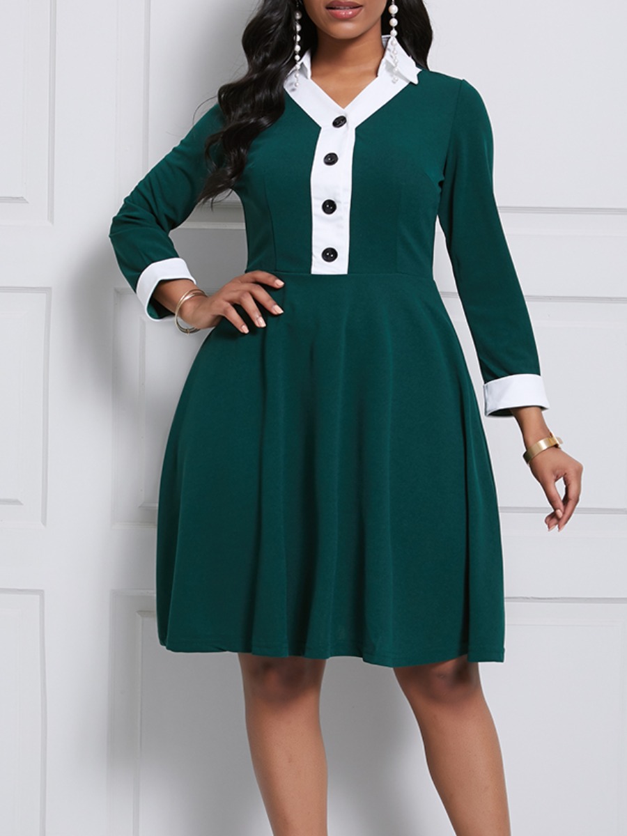 

lovely Stylish Turndown Collar Buttons Design Patchwork Blackish Green Knee Length Dress, Black green