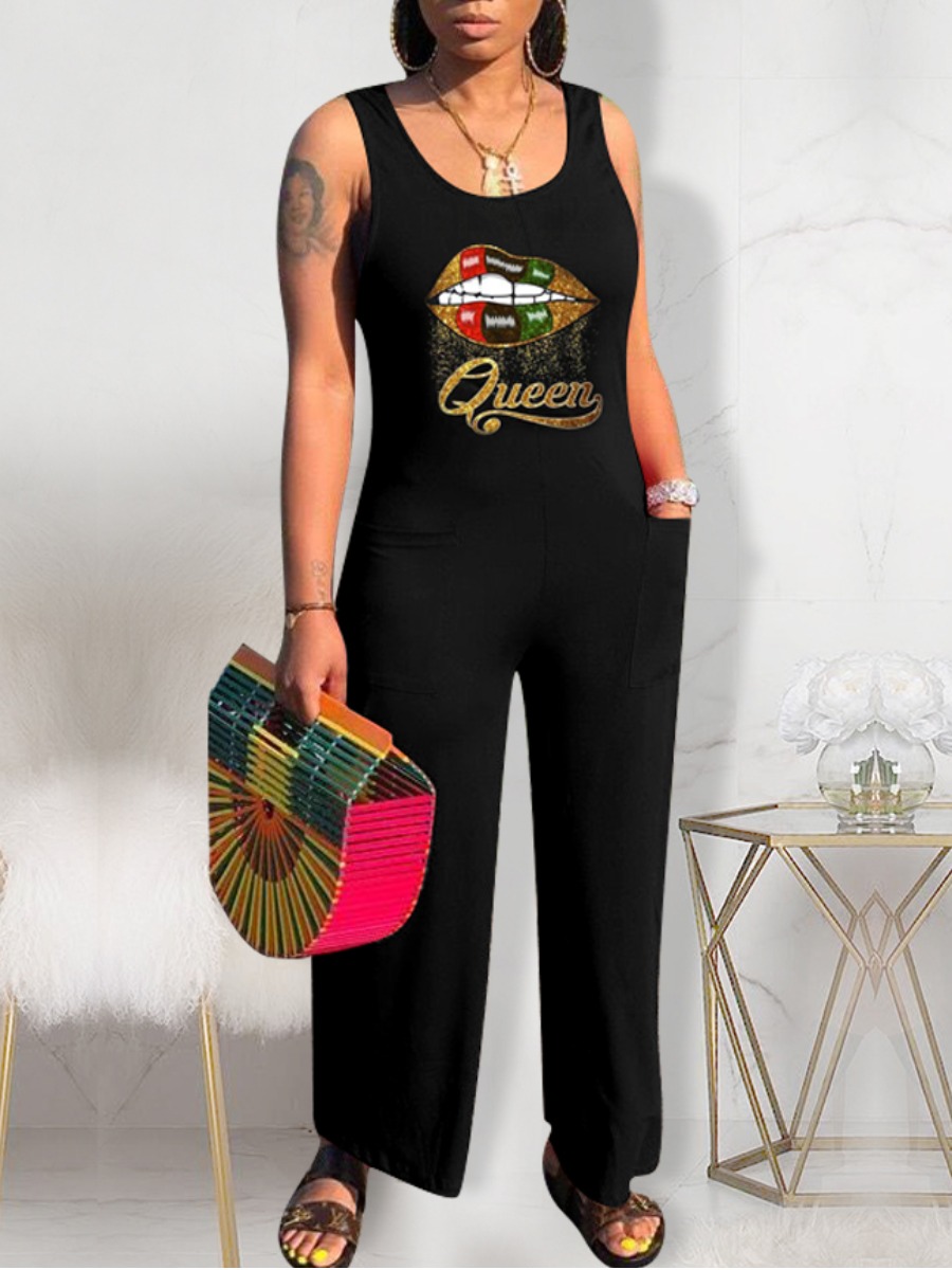 

lovely Sportswear U Neck Lip Print Black One-piece Jumpsuit