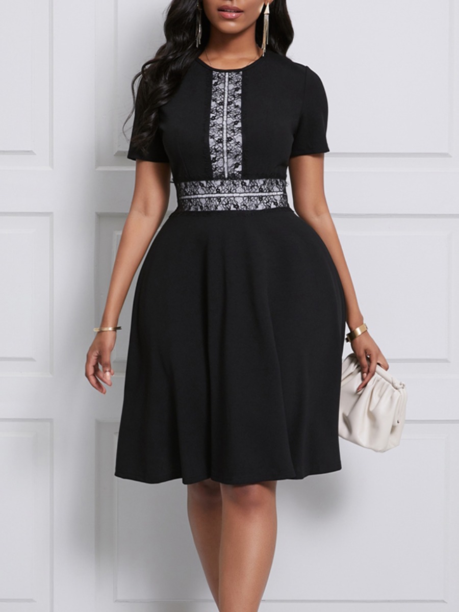 

lovely Casual O Neck Print Patchwork Black Knee Length Dress