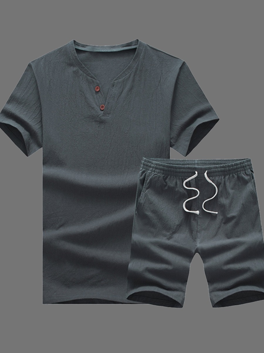 

Men lovely Leisure O Neck Lace-up Dark Grey Two-piece Shorts Set