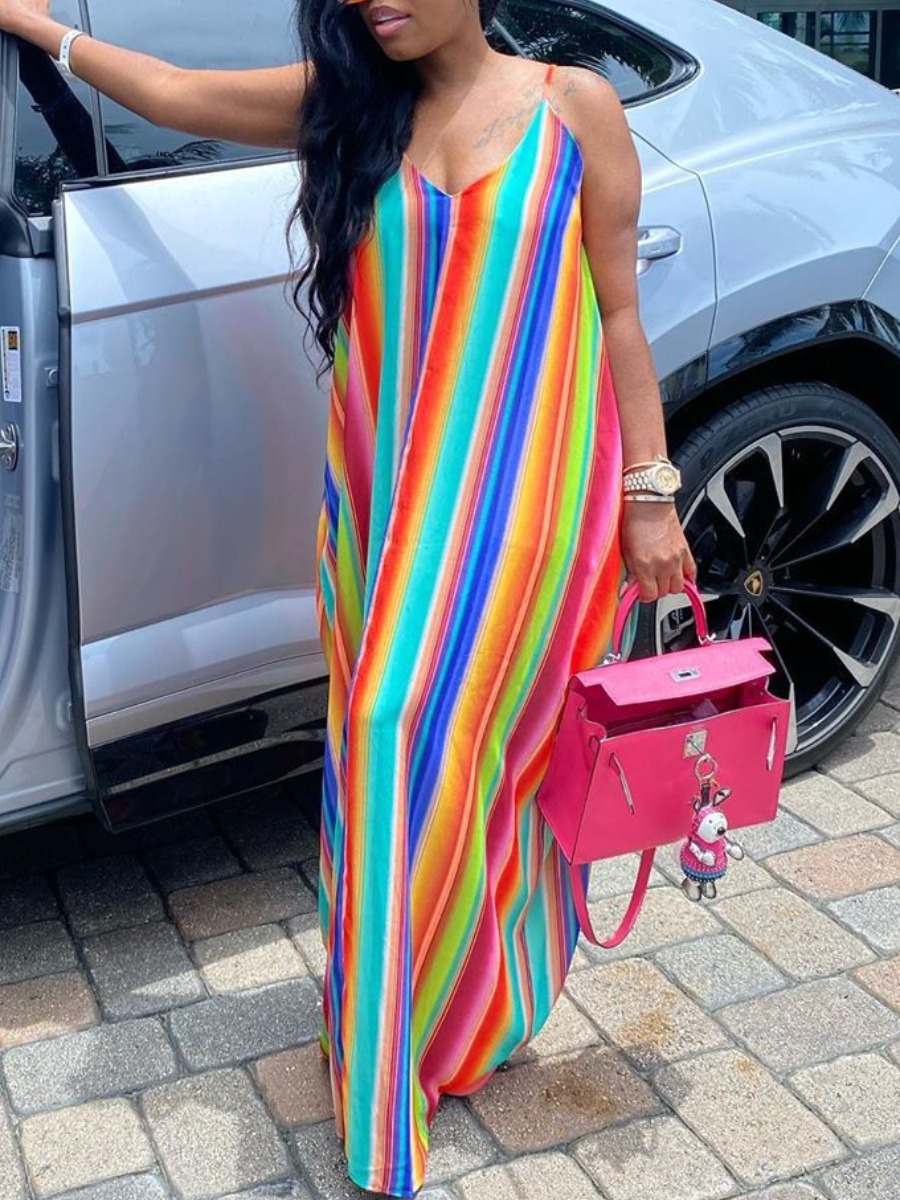 

lovely Bohemian Spaghetti Strap Striped Red Maxi Dress, Red stripe