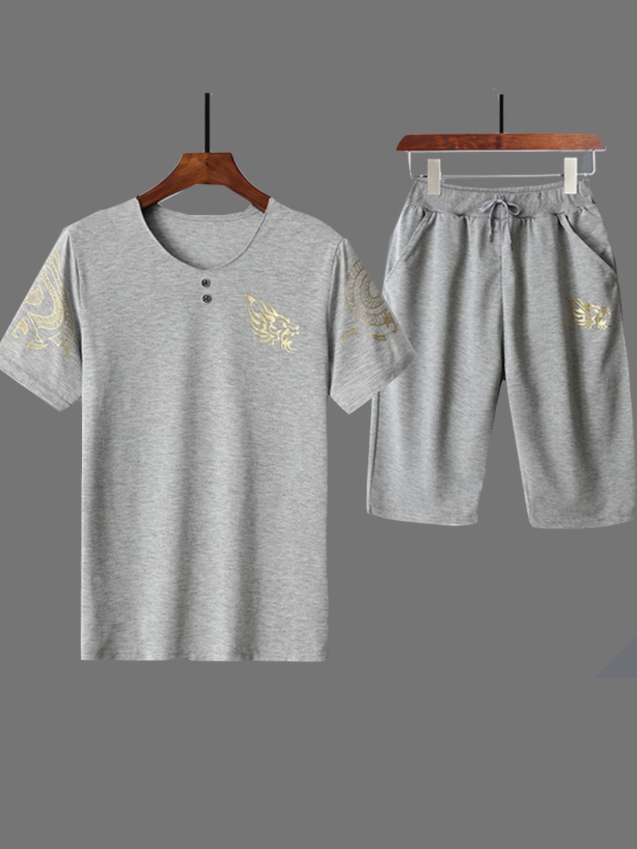 

Men lovely Casual O Neck Print Grey Two-piece Shorts Set