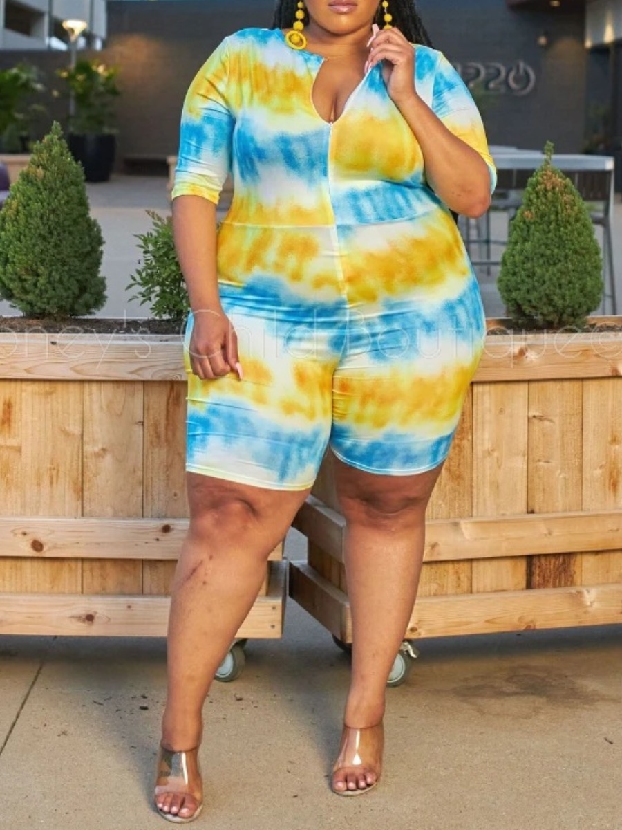 

Lovely Sportswear Tie-dye Yellow Plus Size One-piece Romper