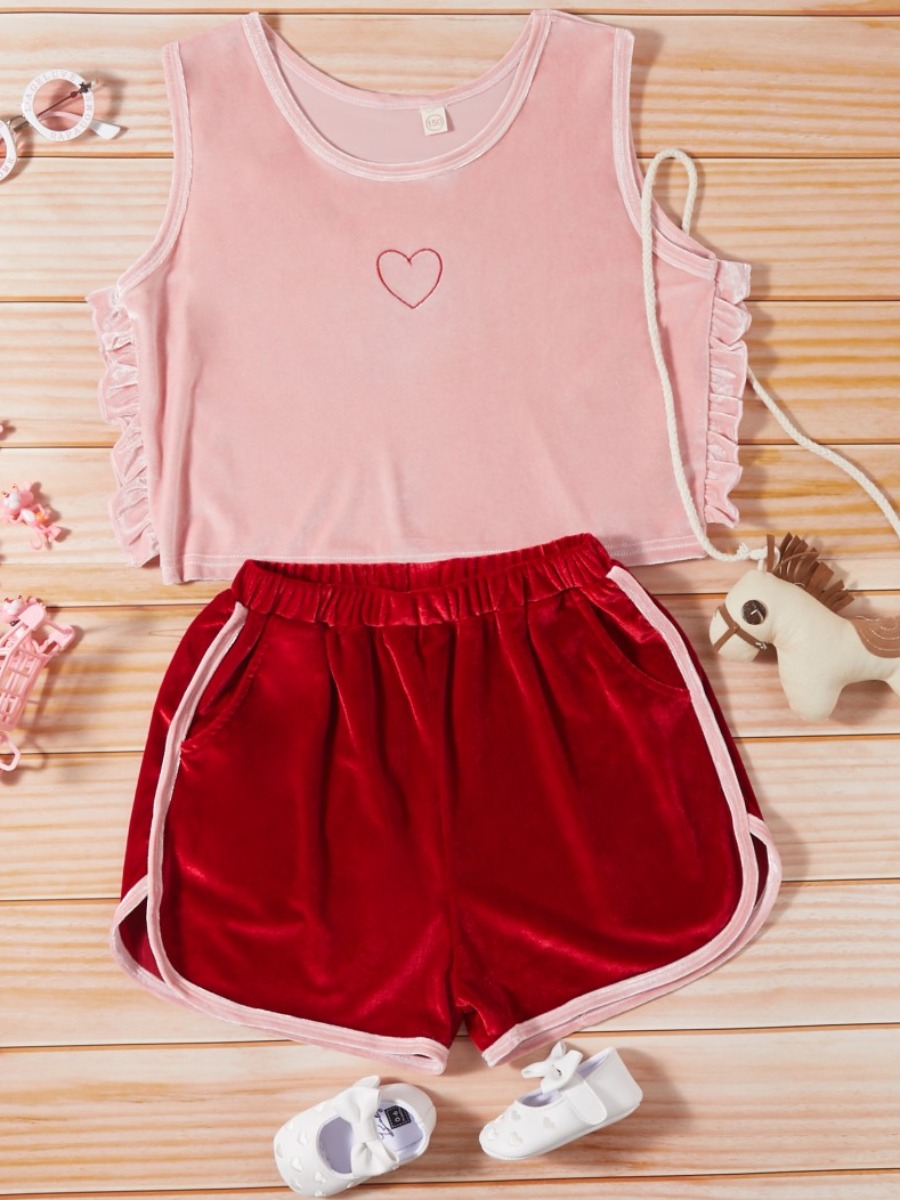 

lovely Sportswear O Neck Patchwork Pink Girl Two-piece Shorts Set