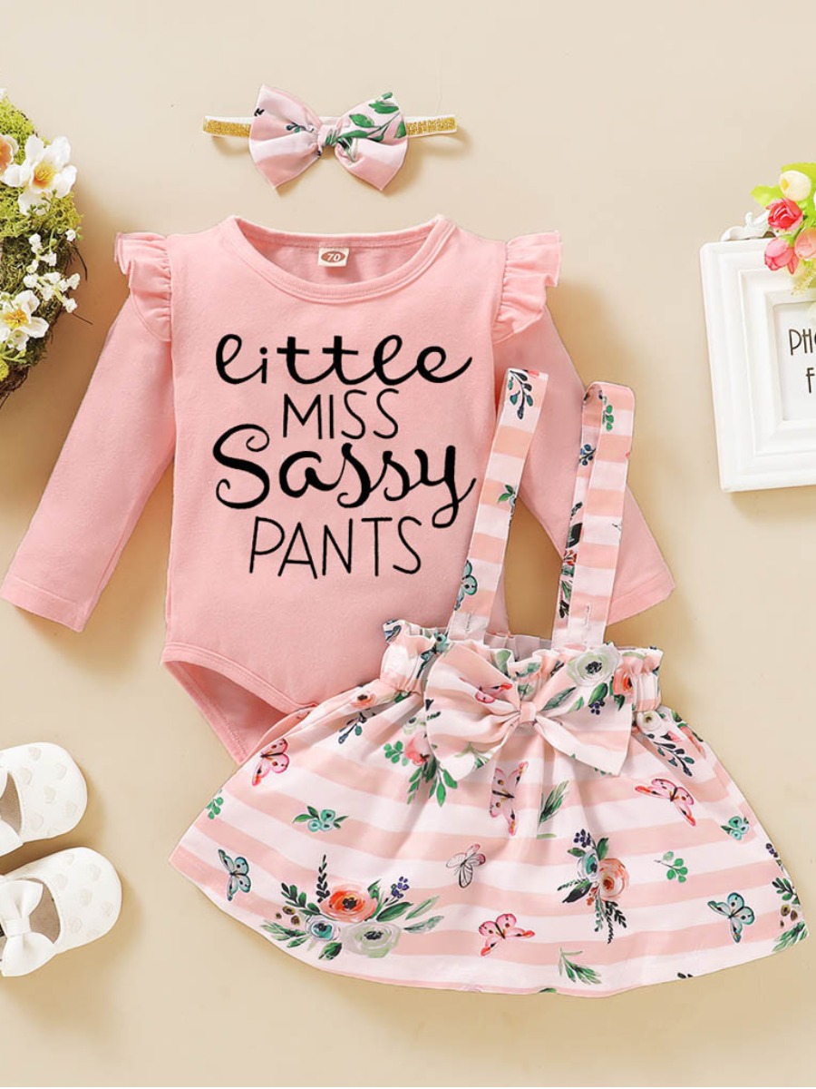 

lovely Trendy O Neck Letter Print Pink Girl Two-piece Skirt Set