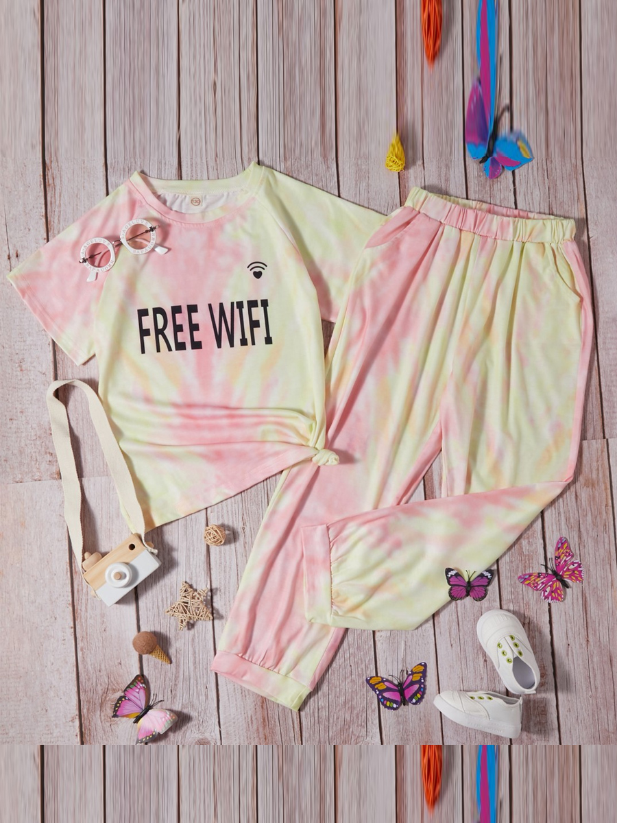 

lovely Casual O Neck Letter Print Yellow Girl Two-piece Pants Set