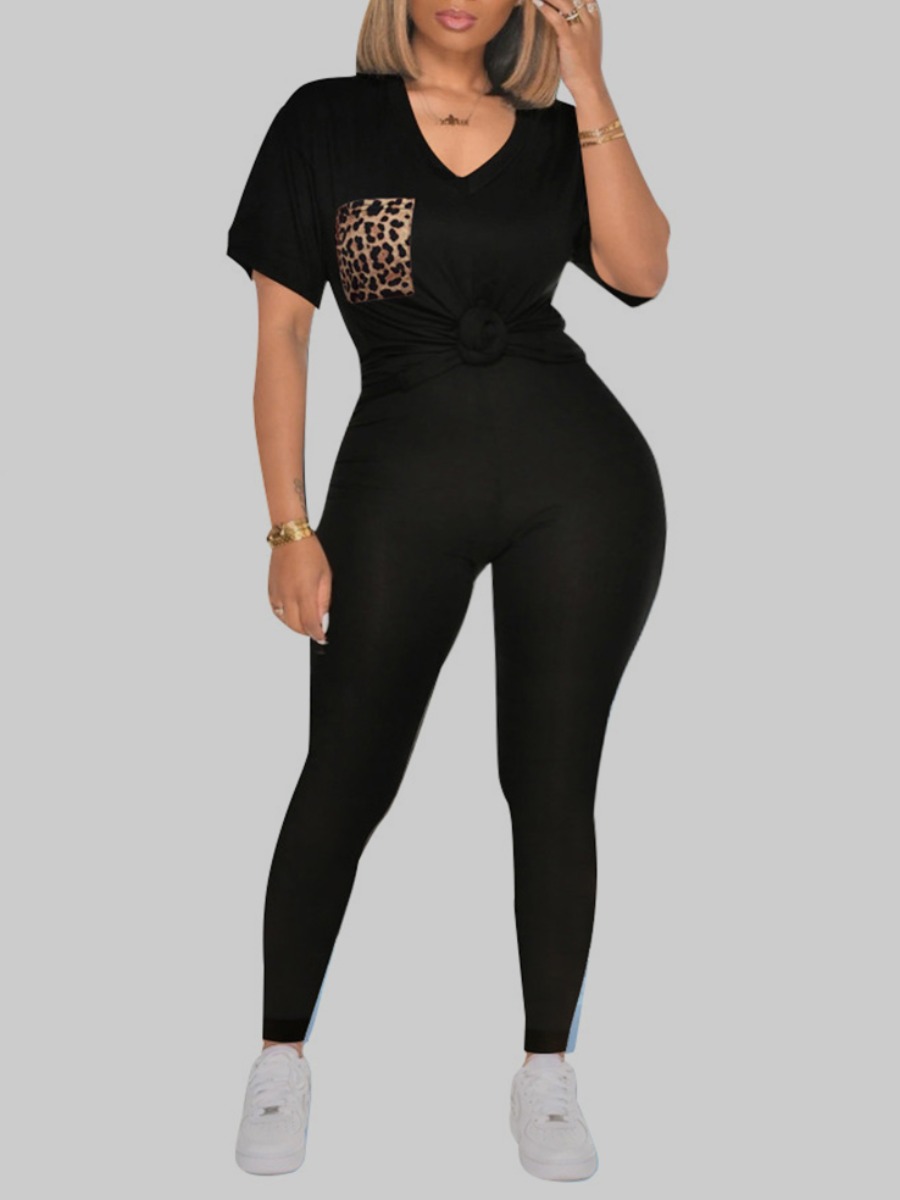 

Lovely Leisure V Neck Patchwork Black Plus Size Two-piece Pants Set
