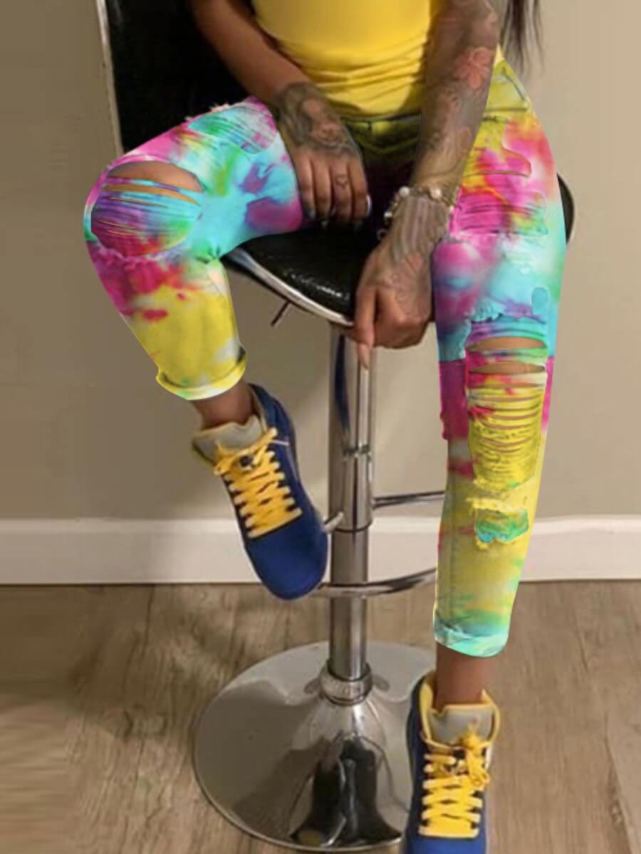 

LW Street Tie-dye Broken Holes Multicolor Jeans, Multi