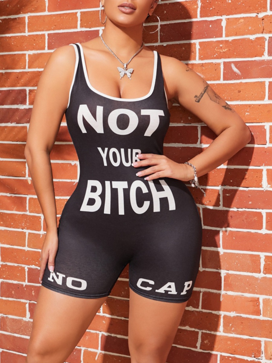 

lovely Casual Letter Print Black One-piece Romper