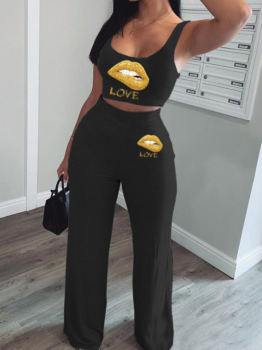 

lovely Casual U Neck Lip Print Black Plus Size Two-piece Pants Set