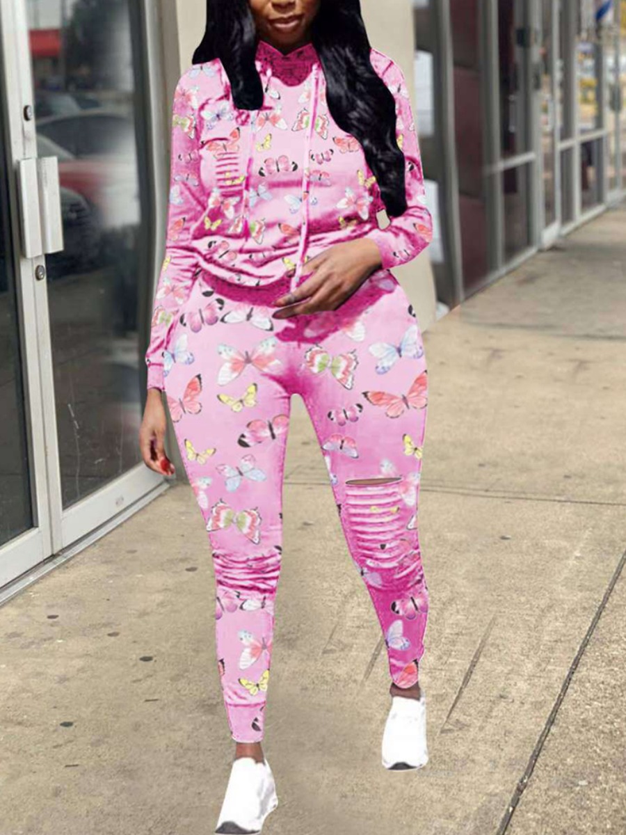 

lovely Stylish O Neck Butterfly Print Pink Plus Size Two-piece Pants Set