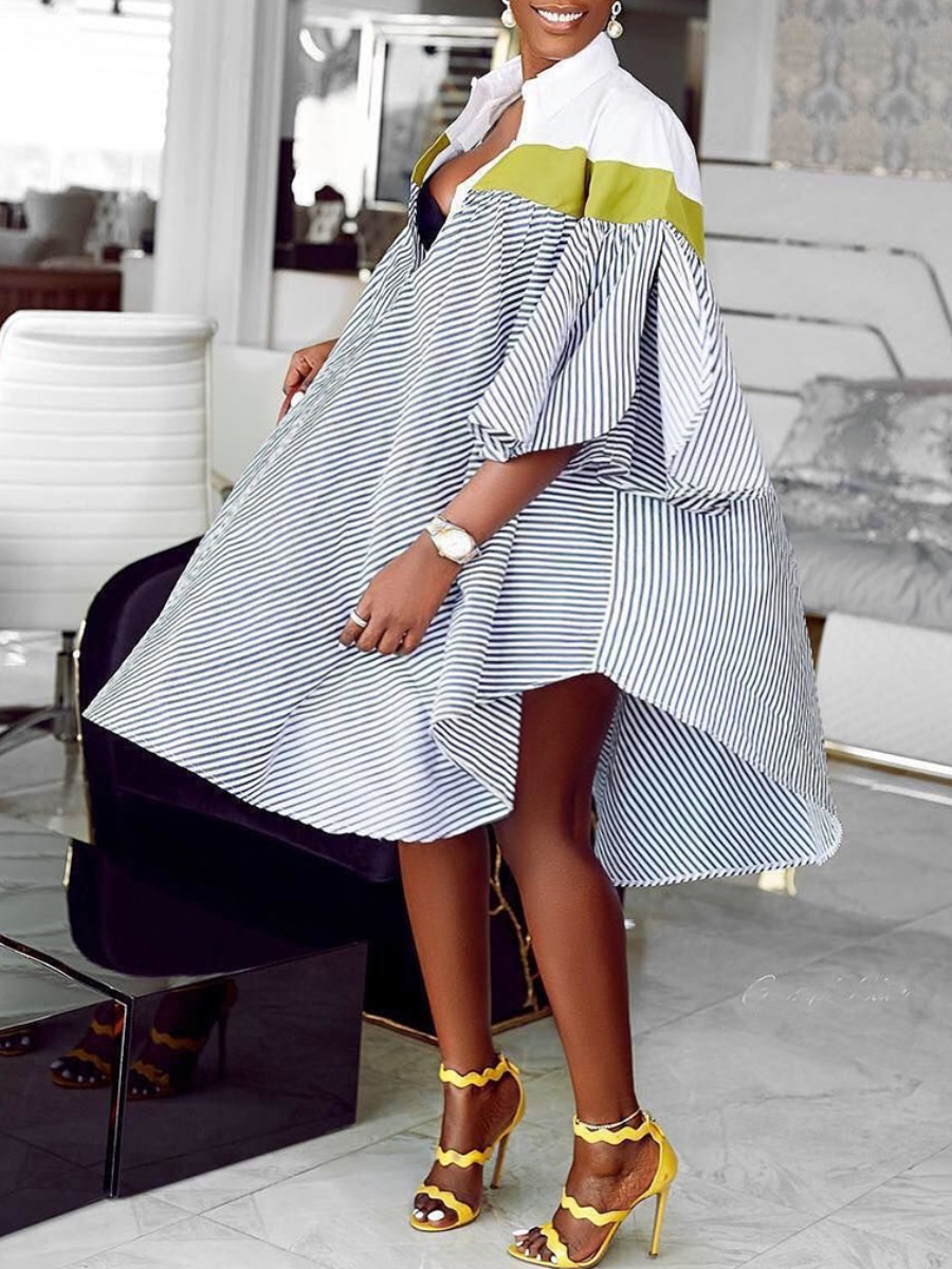 

lovely Stylish Turndown Collar Striped Patchwork Black Knee Length Plus Size Dress