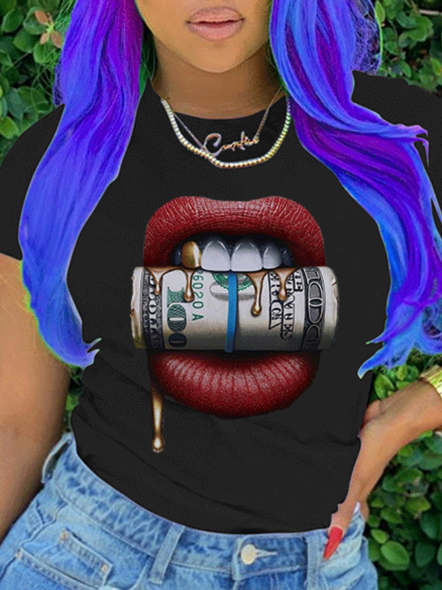 

lovely Casual O Neck Lip Print Black T-shirt