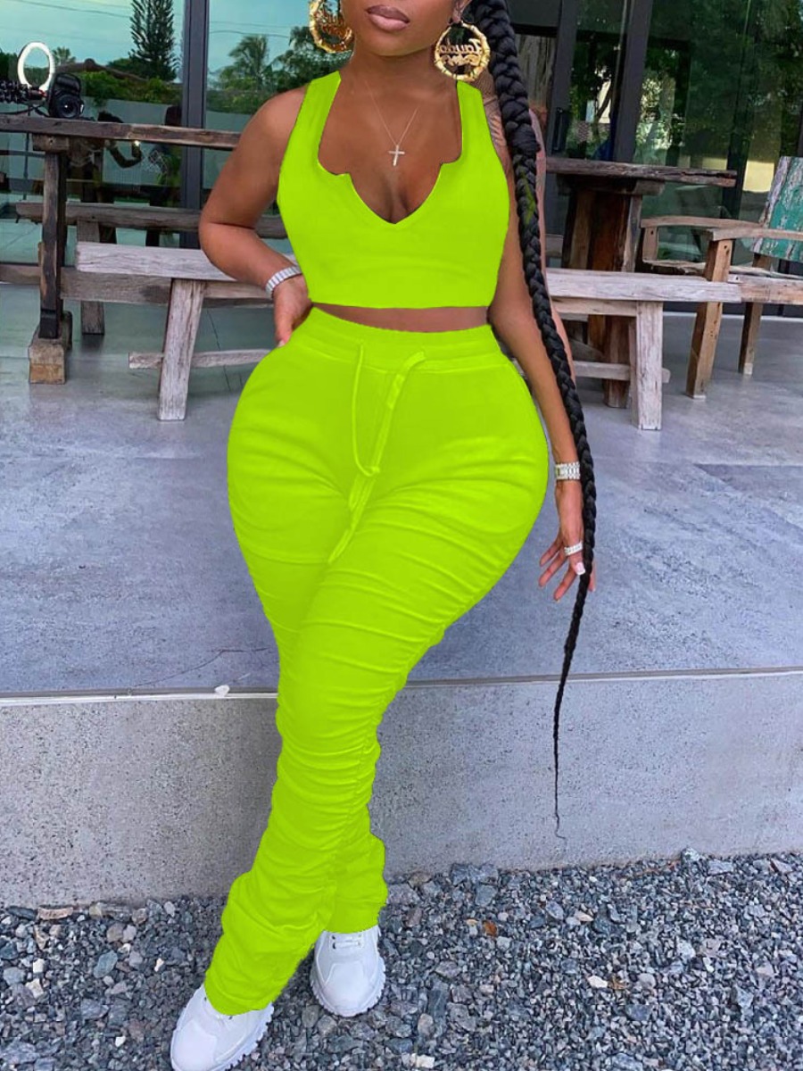 

lovely Sexy Fold Design Green Plus Size Two-piece Pants Set
