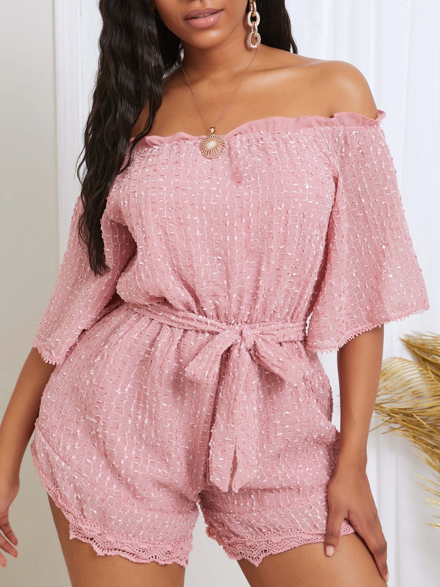 

lovely Stylish Dew Shoulder Lace-up Pink One-piece Romper