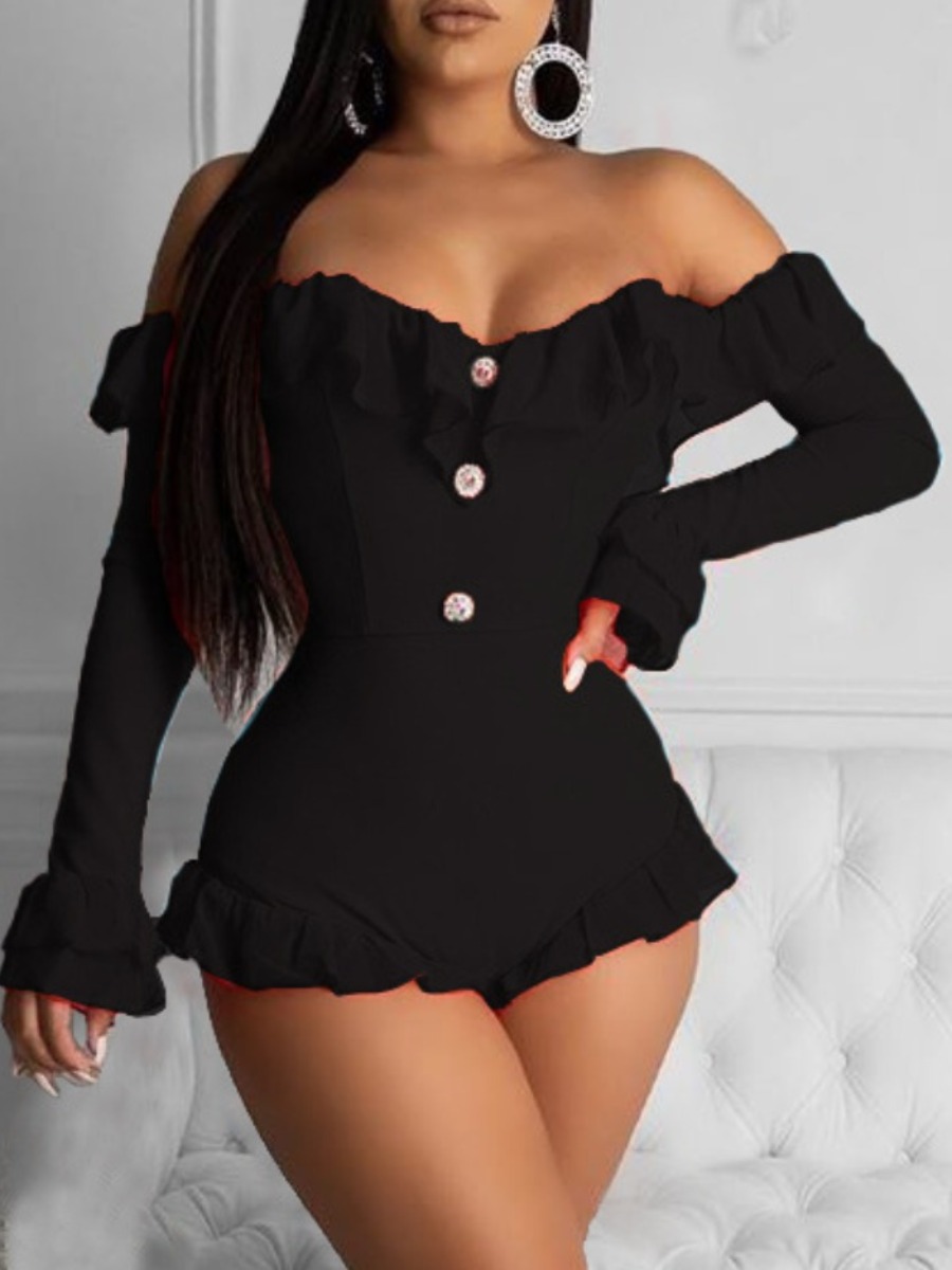 

lovely Stylish Dew Shoulder Flounce Design Black One-piece Romper